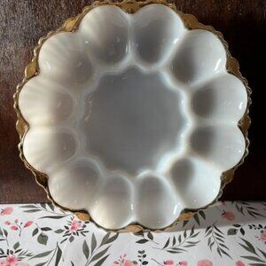 Vintage White and Gold Scalloped Serving Bowl